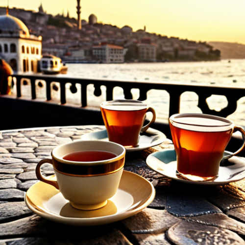 Istanbul Bosphorus Tea Scene**
    A photorealistic, cinematic shot of a vibrant outdoor cafe scene in Istanbul, overlooking the majestic Bosphorus at golden hour. People are comfortably seated, enjoying traditional Turkish tea in elegant tulip-shaped glasses. The background features historical Ottoman architecture bathed in warm sunlight, with ferries gracefully crossing the Bosphorus. Emphasize intricate details of the tea sets, the texture of the old cobblestone street, and the soft bokeh of the city lights beginning to twinkle.

2.  **