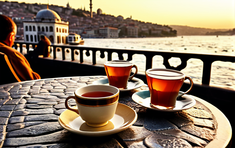 Istanbul Bosphorus Tea Scene**
    A photorealistic, cinematic shot of a vibrant outdoor cafe scene in Istanbul, overlooking the majestic Bosphorus at golden hour. People are comfortably seated, enjoying traditional Turkish tea in elegant tulip-shaped glasses. The background features historical Ottoman architecture bathed in warm sunlight, with ferries gracefully crossing the Bosphorus. Emphasize intricate details of the tea sets, the texture of the old cobblestone street, and the soft bokeh of the city lights beginning to twinkle.

2.  **