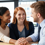 **Prompt for Image 1 (Empathy and Connection):**
    "A diverse group of colleagues in a bright, modern office, engaged in genuine human connection. Focus on moments of empathy: one person actively listening to another with understanding eye contact and an open posture, a colleague offering a supportive gesture, and a small team having a warm, collaborative discussion. The atmosphere should be inviting, supportive, and human-centric, emphasizing mutual understanding and positive interaction. Soft, natural lighting. Professional photography style, with a shallow depth of field to highlight facial expressions and body language."