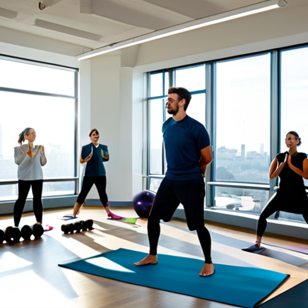 A diverse group of professional office employees in modest business attire, fully clothed, engaged in light, appropriate exercises in a modern, brightly lit office wellness corner. The area features minimalist design with yoga mats, light dumbbells, and resistance bands neatly arranged. Sunlight streams through large windows, offering a subtle city view. The atmosphere is calm, productive, and emphasizes well-being. Perfect anatomy, correct proportions, natural pose, well-formed hands, proper finger count, natural body proportions, professional photography, high quality, high resolution, safe for work, appropriate content, fully clothed, professional.