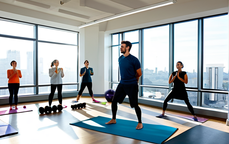 A diverse group of professional office employees in modest business attire, fully clothed, engaged in light, appropriate exercises in a modern, brightly lit office wellness corner. The area features minimalist design with yoga mats, light dumbbells, and resistance bands neatly arranged. Sunlight streams through large windows, offering a subtle city view. The atmosphere is calm, productive, and emphasizes well-being. Perfect anatomy, correct proportions, natural pose, well-formed hands, proper finger count, natural body proportions, professional photography, high quality, high resolution, safe for work, appropriate content, fully clothed, professional.
