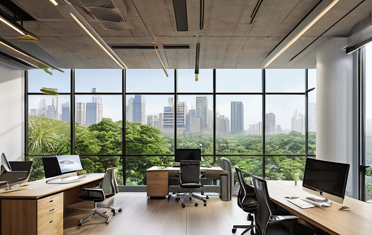 사무실 내 자연 요소 통합하기 - **Prompt:** A serene and brightly lit modern office interior, embodying biophilic design principles....