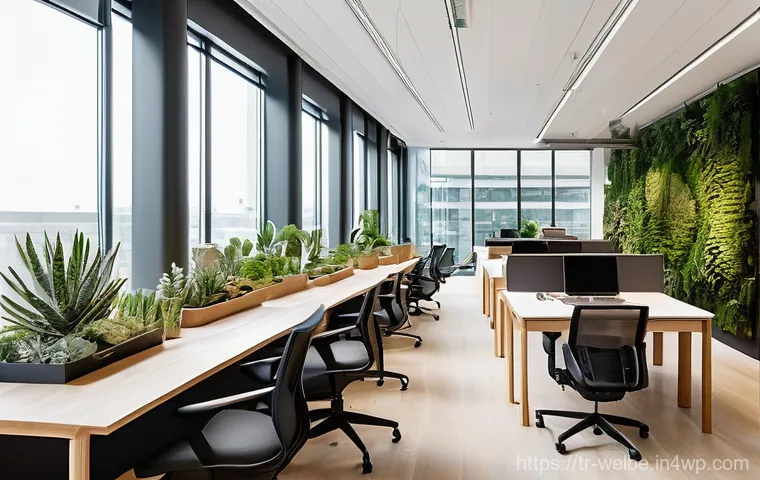 사무실 공간 최적화를 위한 웰니스 원칙 - **Prompt 1: Biophilic Office Oasis**
    "An expansive, modern open-plan office bathed in soft, ampl...
