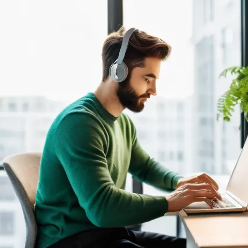 사무실에서의 재택 근무와 웰니스 - A bright and serene home office setting during the daytime. A young professional, appearing calm and...