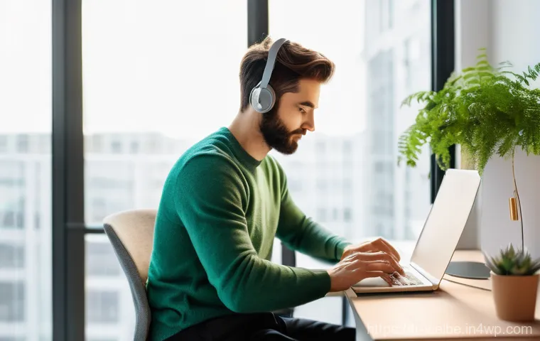 사무실에서의 재택 근무와 웰니스 - A bright and serene home office setting during the daytime. A young professional, appearing calm and...