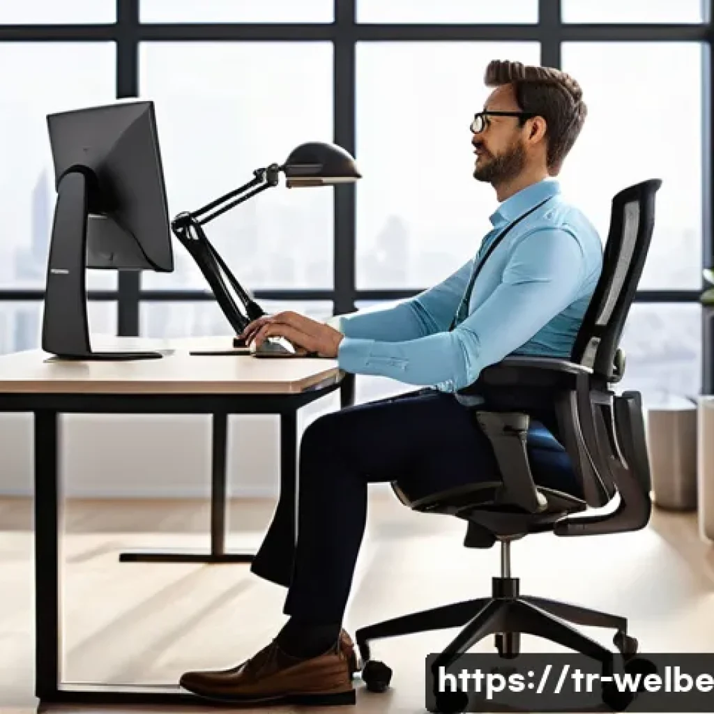 웰니스 사무실을 위한 가구 선택 가이드 - A professional, mid-30s individual, dressed in smart casual business attire, is comfortably seated i...