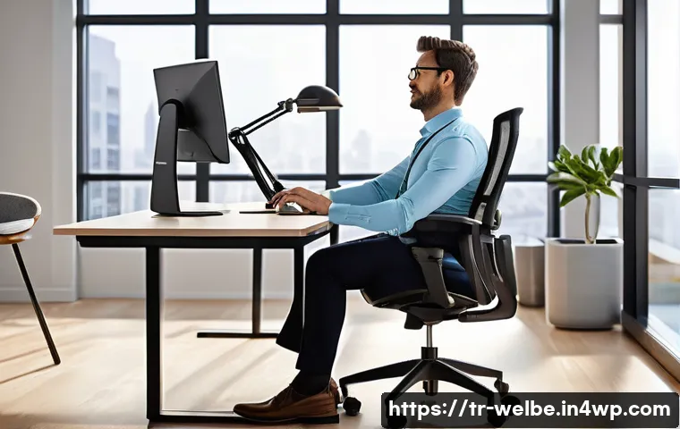 웰니스 사무실을 위한 가구 선택 가이드 - A professional, mid-30s individual, dressed in smart casual business attire, is comfortably seated i...