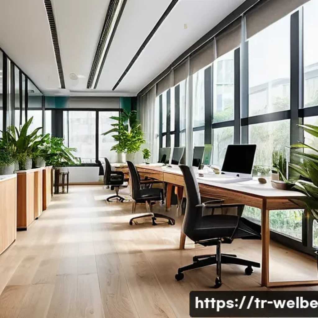 웰니스 사무실을 위한 평면도 디자인 - A modern Turkish office interior bathed in abundant natural sunlight streaming through large floor-t...