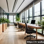 Home 21 웰니스 사무실을 위한 평면도 디자인 - A modern Turkish office interior bathed in abundant natural sunlight streaming through large floor-t...