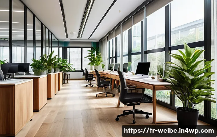 웰니스 사무실을 위한 평면도 디자인 - A modern Turkish office interior bathed in abundant natural sunlight streaming through large floor-t...