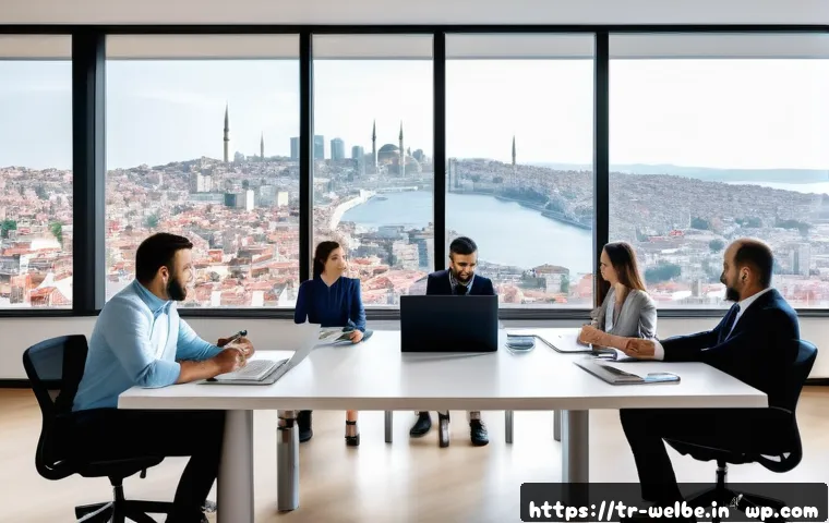 사무실 내 직원의 만족도 향상 방법 - A modern Turkish office environment showcasing an open-plan workspace with diverse employees engaged...