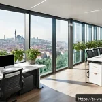 Home 19 현대적 웰니스 사무실의 특징 - A modern Turkish office interior showcasing ergonomic design features: adjustable office chairs with...