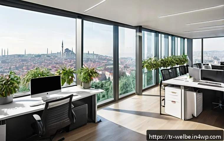 현대적 웰니스 사무실의 특징 - A modern Turkish office interior showcasing ergonomic design features: adjustable office chairs with...