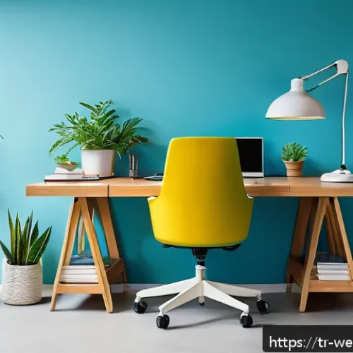Home 30 사무실 내 웰빙 감각 자극하기 - A modern Turkish office workspace featuring a clean, organized desk with vibrant light blue walls an...