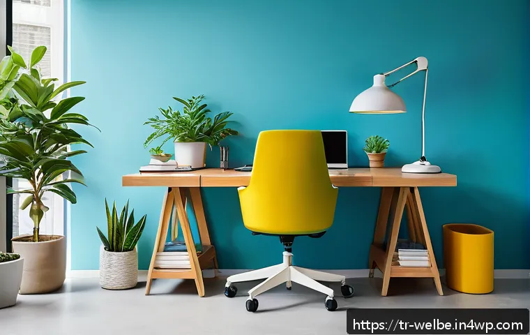 사무실 내 웰빙 감각 자극하기 - A modern Turkish office workspace featuring a clean, organized desk with vibrant light blue walls an...