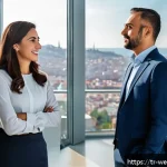 Home 23 사무실에서의 정서적 안전망 구축하기 - A modern Turkish office setting showing a diverse group of employees engaged in active listening dur...