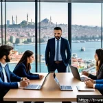 Home 18 사무실 내 직원 참여 프로그램 개발하기 - A modern hybrid office scene in Istanbul featuring a diverse group of Turkish employees engaging in ...