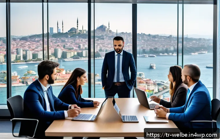사무실 내 직원 참여 프로그램 개발하기 - A modern hybrid office scene in Istanbul featuring a diverse group of Turkish employees engaging in ...