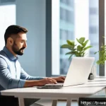 Home 23 사무실에서의 지속 가능한 웰니스 실천 - A modern Turkish office environment during daytime, featuring a well-organized desk near a large win...