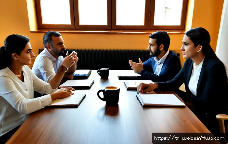 Home 17 사무실 내 대화의 질 향상 방법 - Photorealistic modern Turkish office meeting, diverse adult coworkers seated around a clean wooden t...