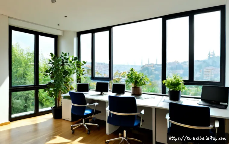 Home 17 사무실의 공기 질 개선 방법 - Photorealistic modern Istanbul office with large open windows, a leafy indoor plant beside desks, a ...